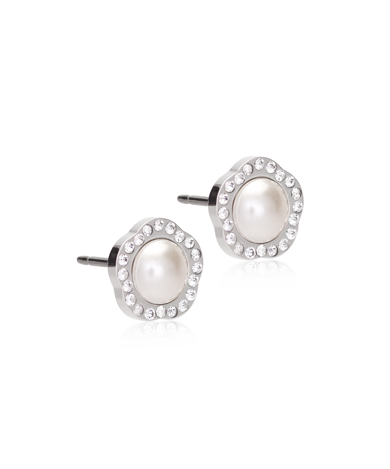 Silver Titanium Brilliance Fancy 8mm Crystal/White Pearl Earrings