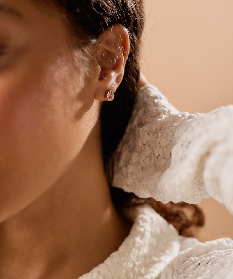 Model Wearing Golden Titanium Brilliance Halo 8mm Crystal/Rose Earrings