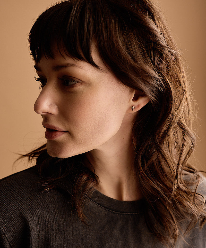plain cross earrings on models