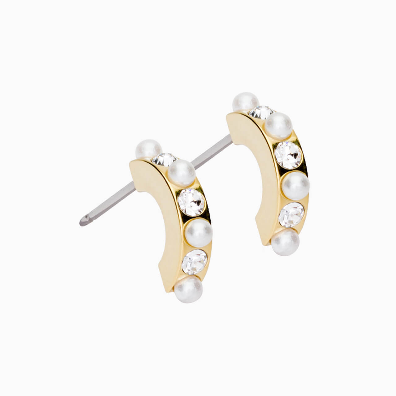 Golden Titanium Curved Pendant Crystal/White Pearl Earrings