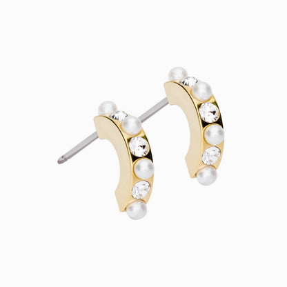 Golden Titanium Curved Pendant Crystal/White Pearl Earrings