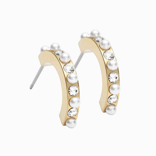 Golden Titanium Curved Pendant Crystal/White Pearl Earrings