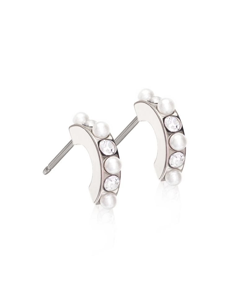 Natural Titanium Curved Pendant Crystal/White Pearl Earrings
