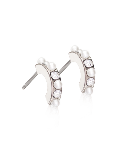 Natural Titanium Curved Pendant Crystal/White Pearl Earrings