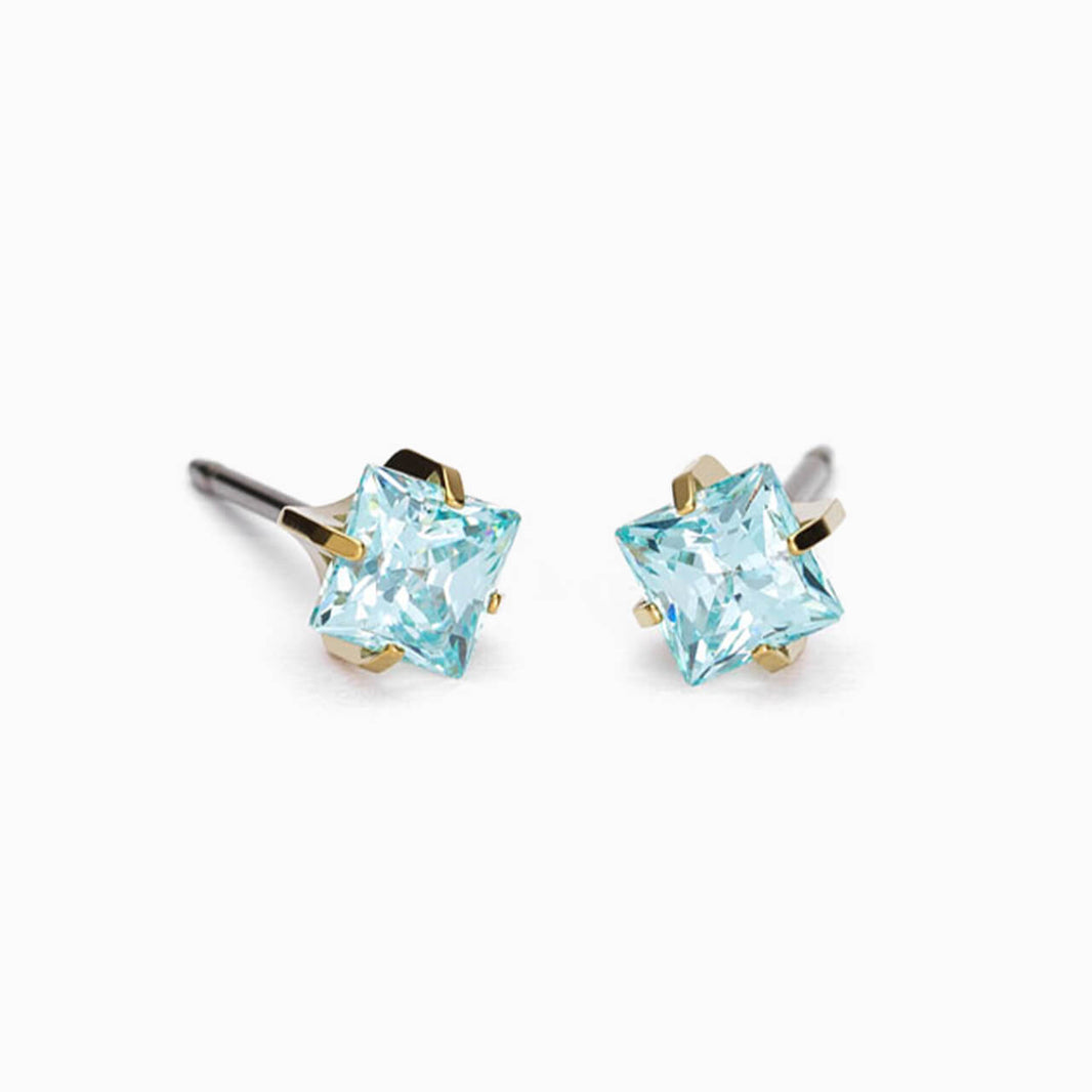 Golden Titanium 5mm Prong Set Edge Aquamarine CZ Earrings