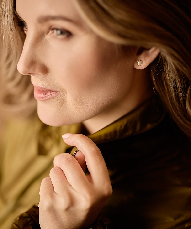 Golden Titanium Bezel White Pearl Earrings