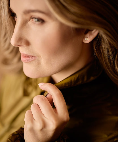 Golden Titanium Bezel White Pearl Earrings