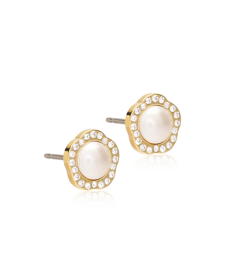 Golden Titanium Brilliance Fancy 8mm Crystal/White Pearl Earrings