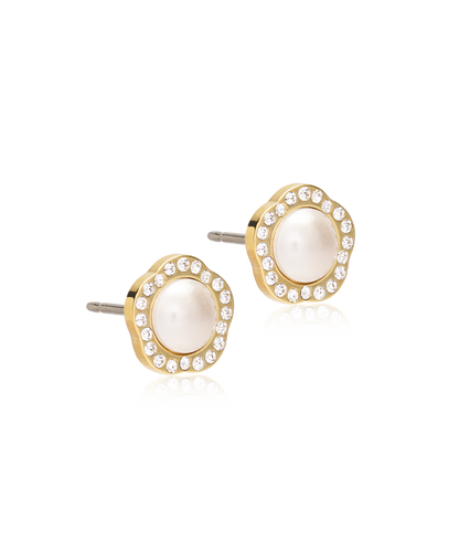Pair of gold earrings with pearl-like centers on a white background
