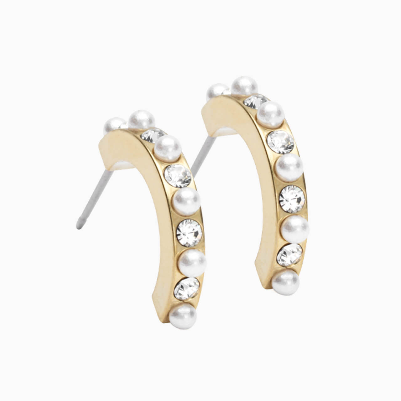 Hypoallergenic Golden Titanium 15mm Curved Pendant Crystal/White Pearl Earrings