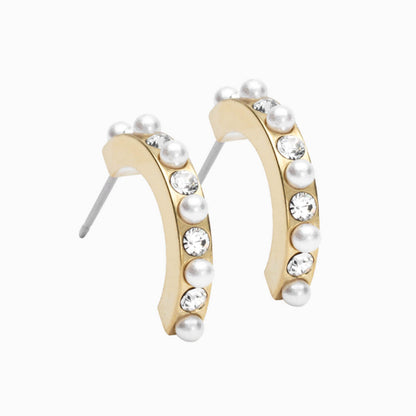 Hypoallergenic Golden Titanium 15mm Curved Pendant Crystal/White Pearl Earrings