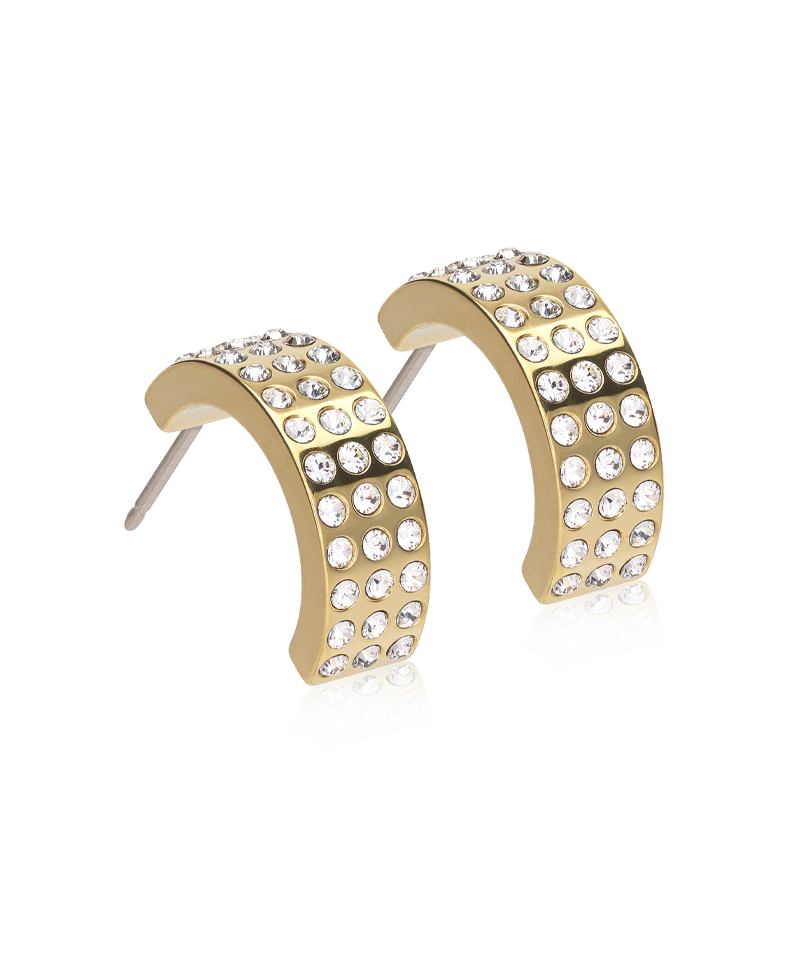Gold hoop earrings with crystal stones on a white background