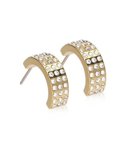 Gold hoop earrings with crystal stones on a white background