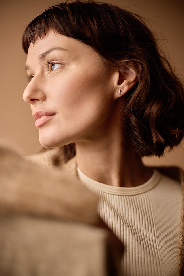 Golden Titanium 8mm Brilliance Cross Earrings