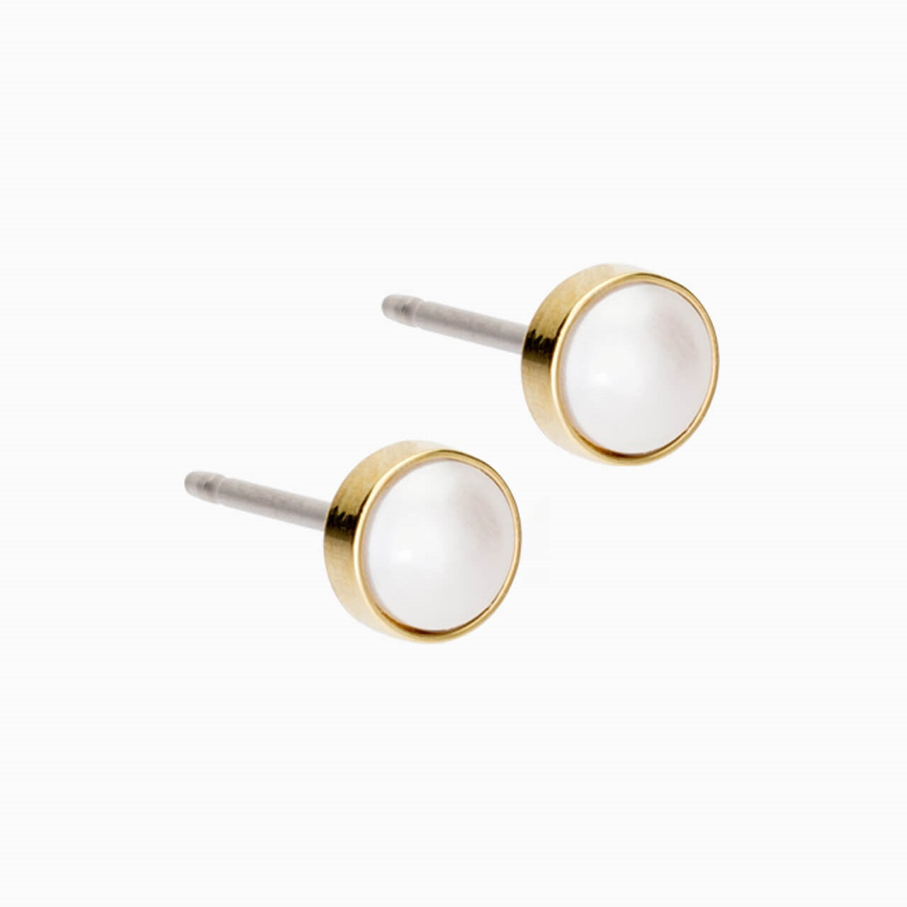 Allergy Safe Golden Titanium 5mm Bezel White Pearl Earrings