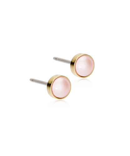 Hypoallergenic golden titanium 5mm Swarovski pearl earrings in a light rose color