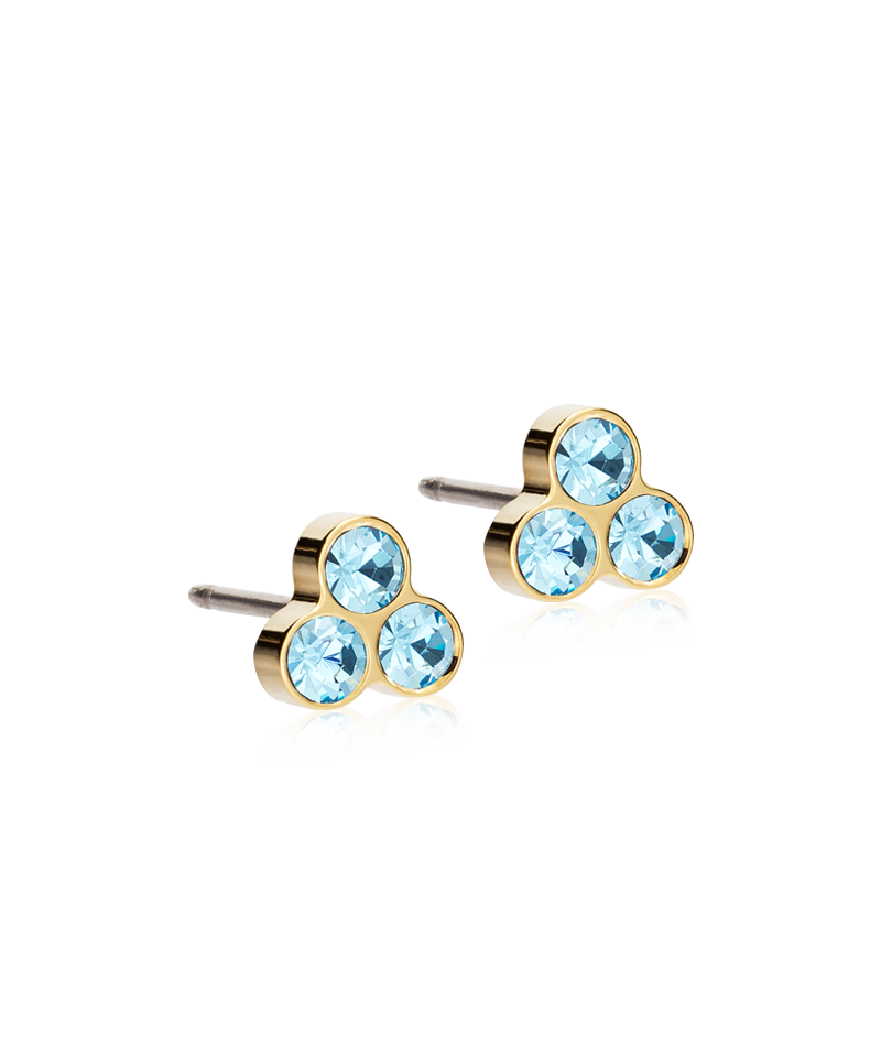 Golden Titanium 6mm clover earrings with aquamarine colored Swarovski crystal stones.