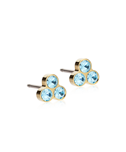 Golden Titanium 6mm clover earrings with aquamarine colored Swarovski crystal stones.