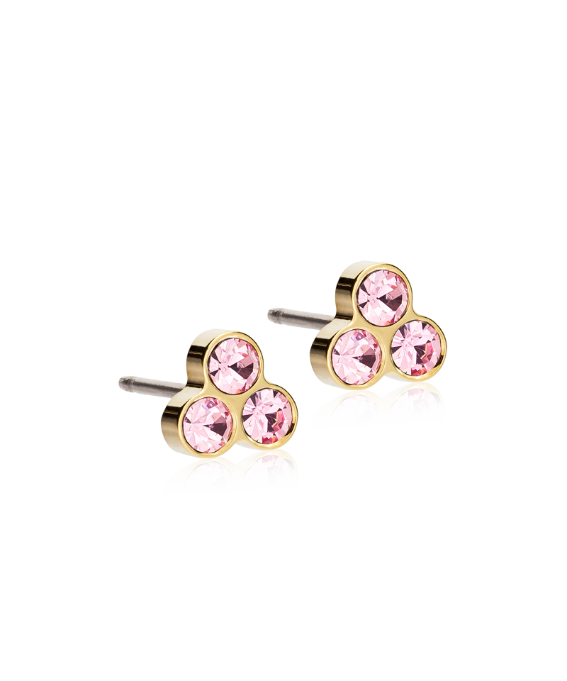 Golden Titanium 6mm clover earrings with light rose colored Swarovski crystal stones.