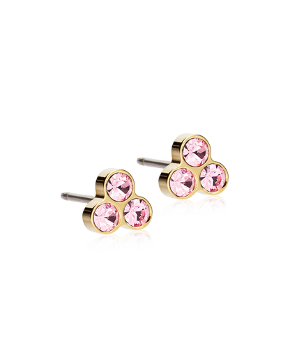 Golden Titanium 6mm clover earrings with light rose colored Swarovski crystal stones.