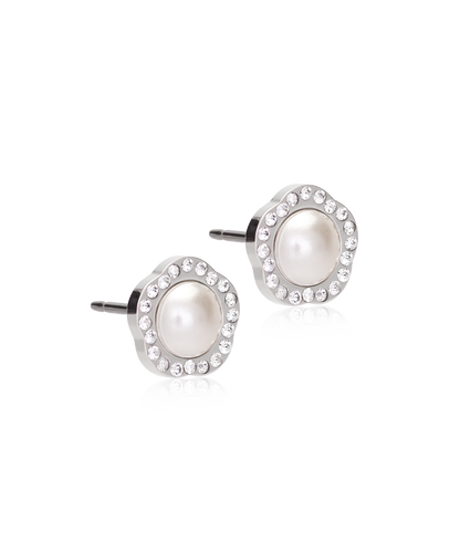 Silver Titanium Brilliance Fancy 8mm Crystal/White Pearl Earrings