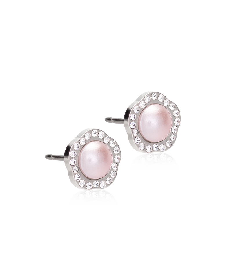 Pair of Silver Titanium Brilliance 8mm Fancy Light Rose Pearl earrings surrounded by sparkling crystals.
