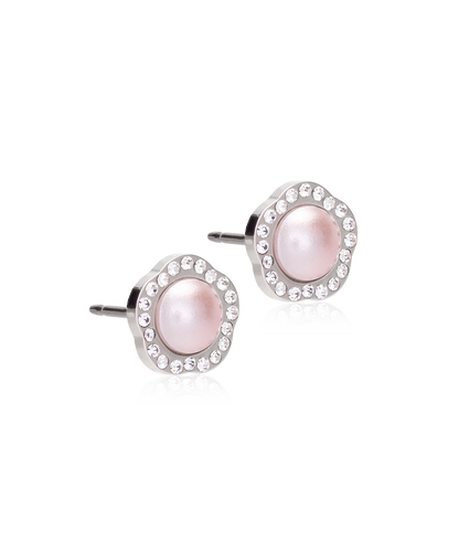 Pair of Silver Titanium Brilliance 8mm Fancy Light Rose Pearl earrings surrounded by sparkling crystals.