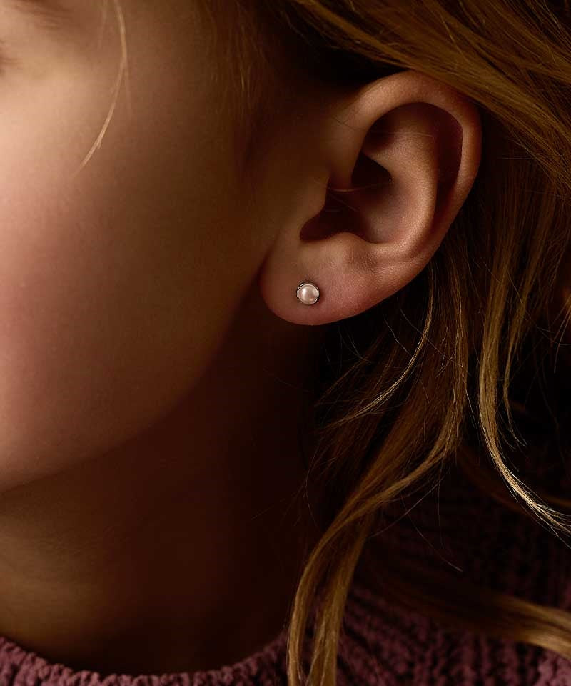 Silver Titanium 5mm Bezel Light Rose Pearl Earrings