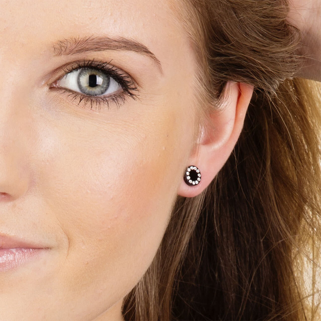 Black Titanium 8mm Brilliance Puck Crystal Earrings