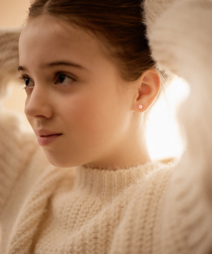 Model wearing Nickel-Free Medical Plastic 6mm Light Rose Pearl Earrings