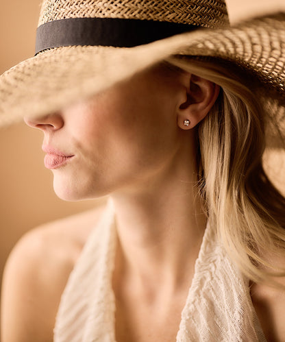 Model wearing Golden Titanium 5mm Prong Set Edge CZ Earrings