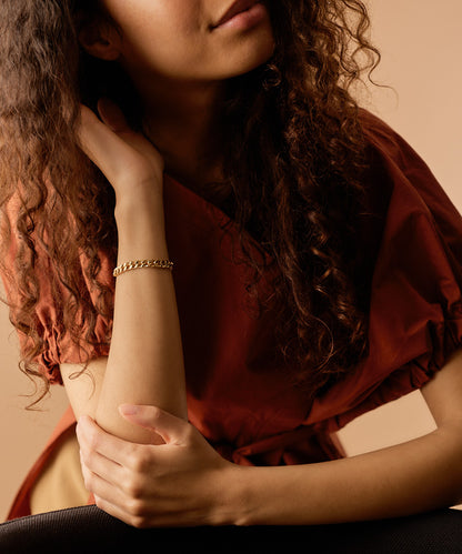 Model Wearing Golden Grand Curb Link Bracelet 15.5- 19cm