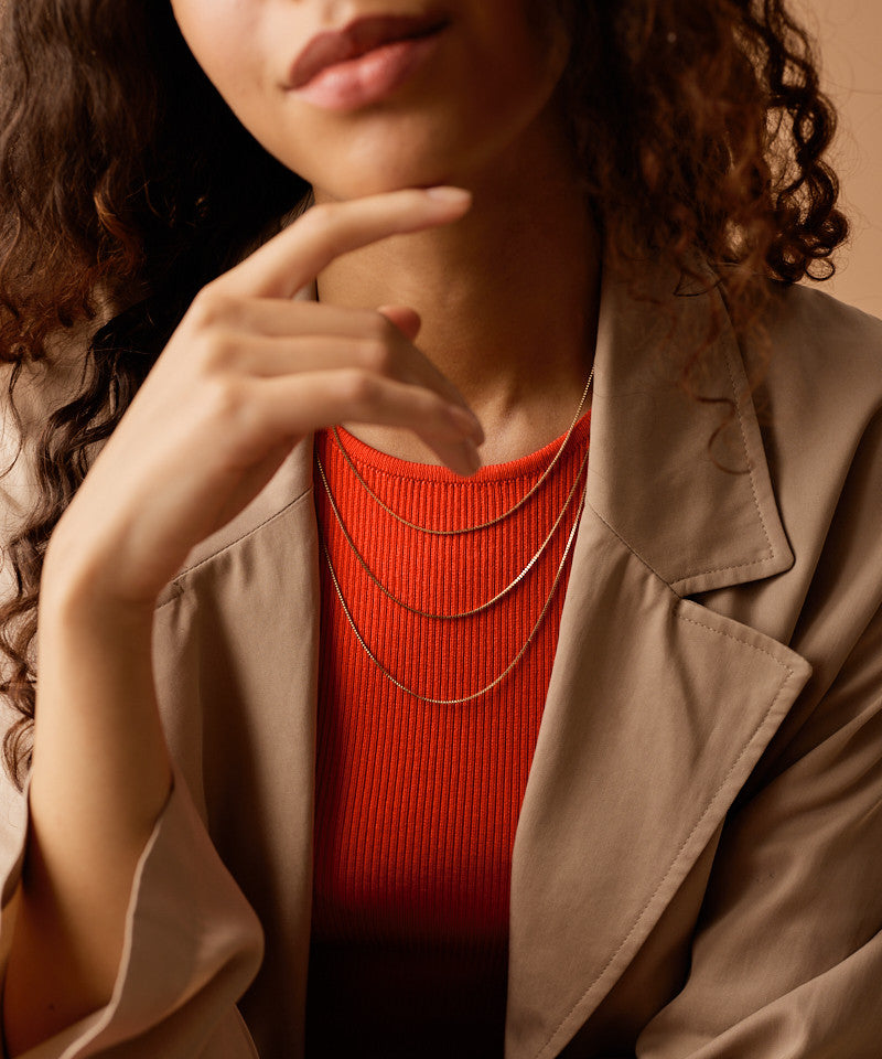 Model Wearing Golden Classic Extra Long Necklace 56-60cm