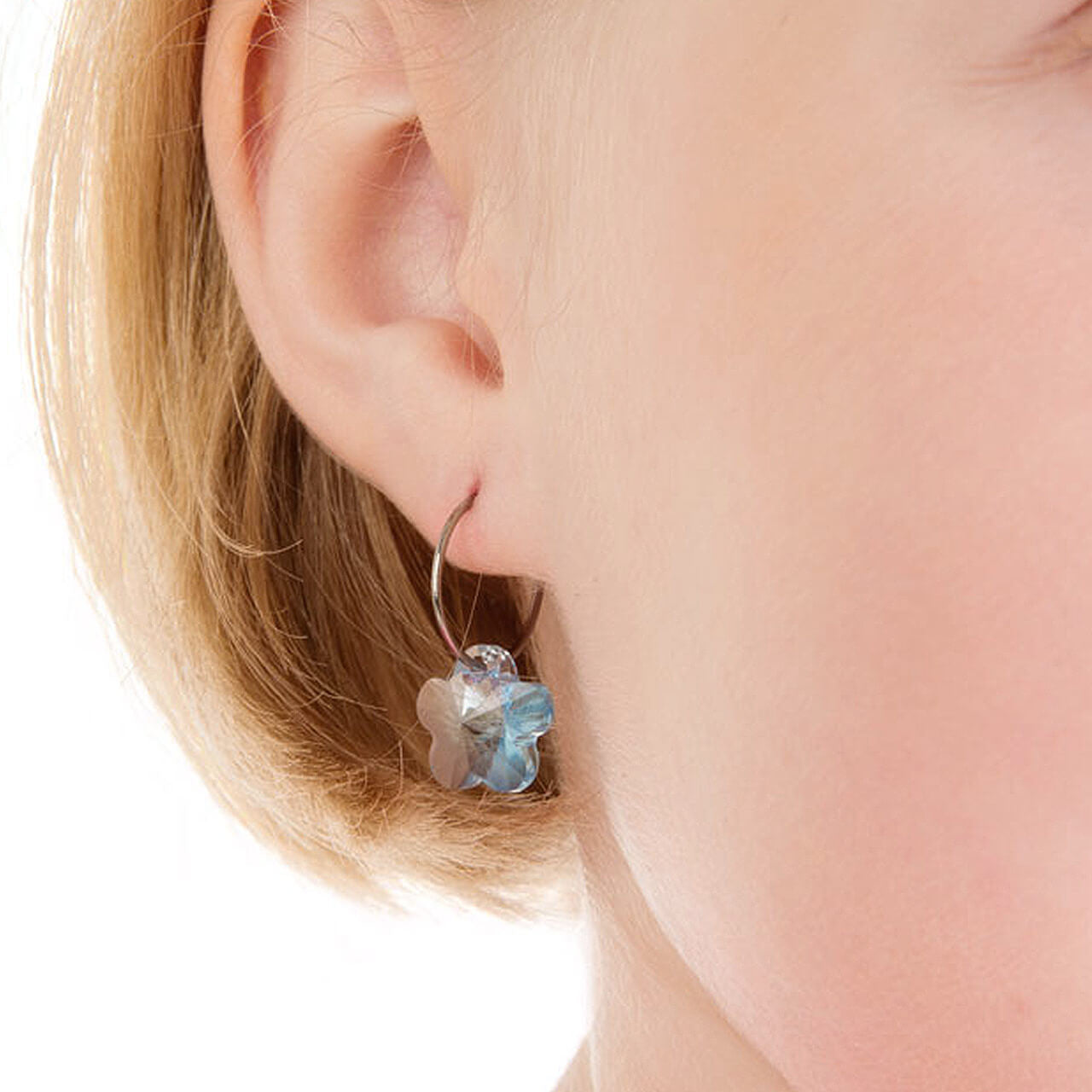 Model wearing Rainbow Flower Pendant Ear Ring Flower Pendant Ear Ring