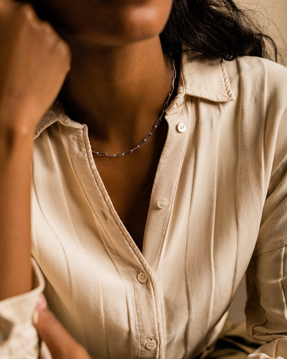 Link necklace on model in silver