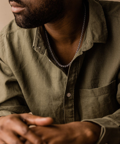 Box chain necklace on male model