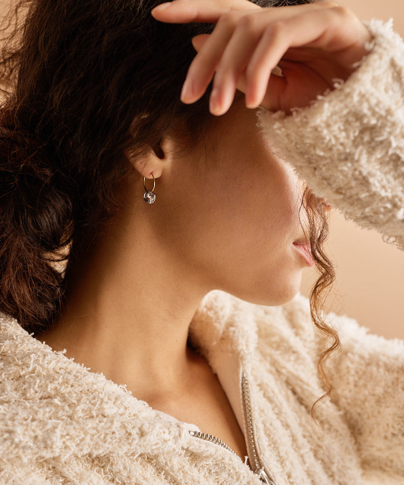 Golden Round 8mm Black Diamond Ear Ring on model