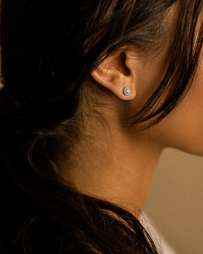 6mm Brilliance Halo Earrings on Model