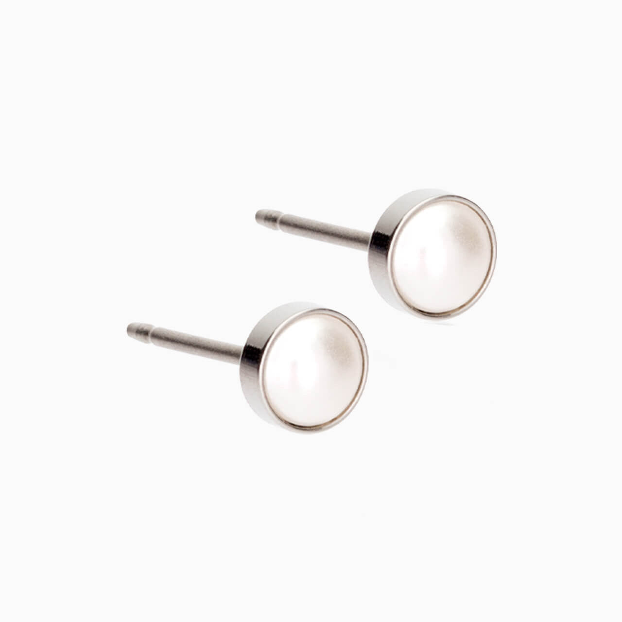 Silver Titanium 5mm Bezel White Pearl Earrings